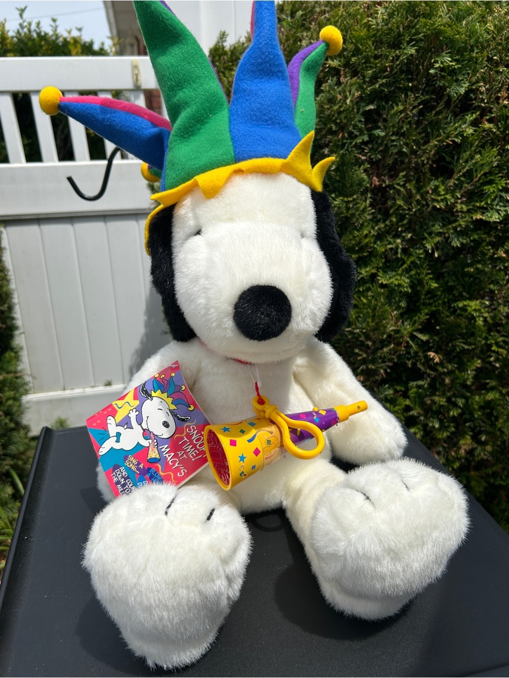 Vintage Macy's Snoopy Plush 2000 with Colorful Jester Hat and Horn